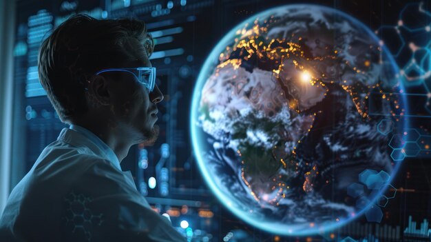 Um cientista estudando os efeitos da mudança climática usando um globo terrestre virtual