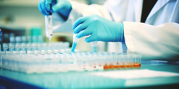 Um cientista pipetando amostras humanas prontas para análise em laboratório durante um ensaio clínico