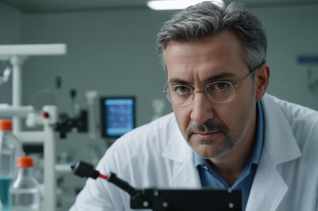 Foto um cientista qualificado que trabalha num laboratório.