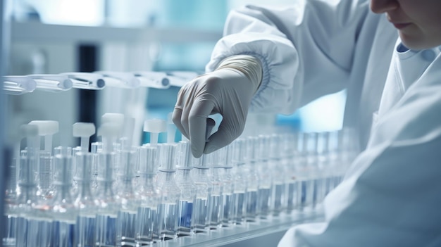 Um cientista trabalha com tubos de ensaio em um laboratório Investigações químicas e biológicas no laboratório