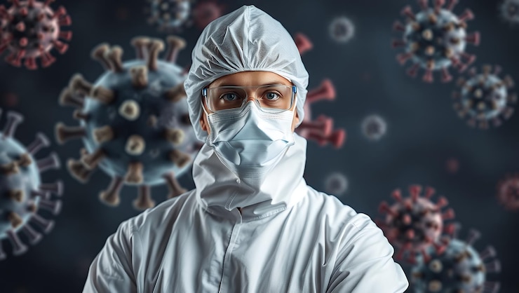 Foto um cientista usando uma máscara protetora com um vírus no rosto