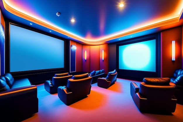 Um cinema com uma tela que diz " home theater ".