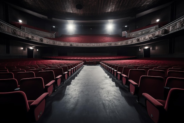 Um cinema escuro com cadeiras vermelhas e uma luz brilhando na parede