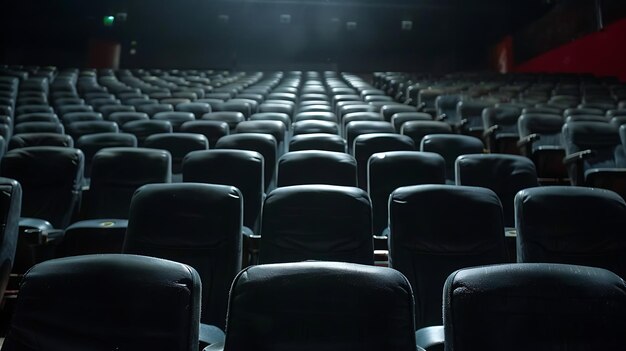 Foto um cinema vazio com as luzes apagadas e os assentos vazios