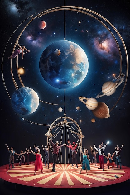 Um circo celestial com artistas de diferentes galáxias mostrando seus talentos