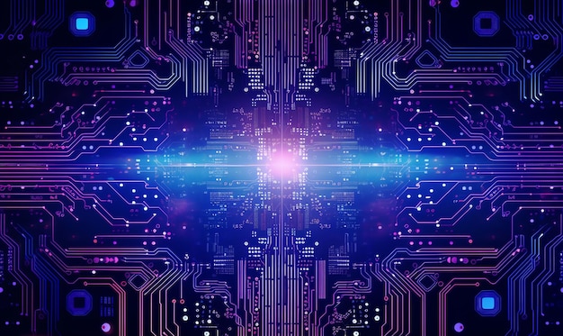 Um circuito de computador com luzes roxas e azuis e um fundo azul