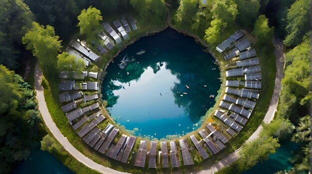 Foto um círculo circular com uma piscina que tem muitos painéis solares