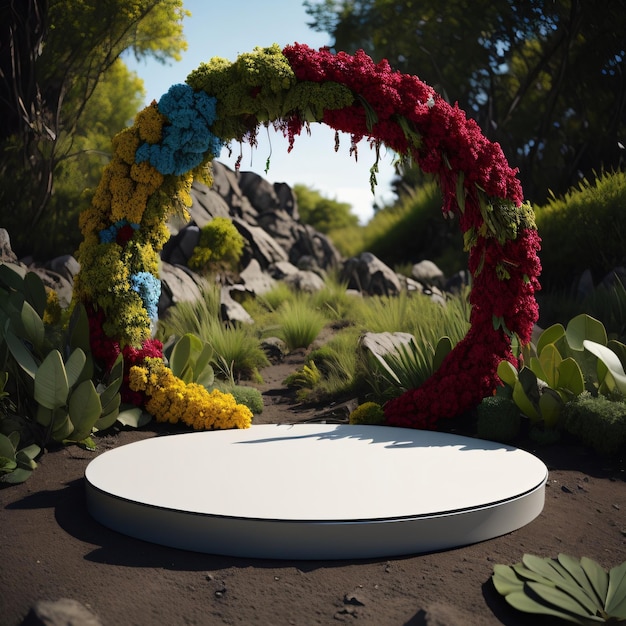 Um círculo com flores e uma placa para um casamento.