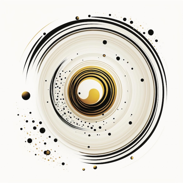 Um círculo com um círculo preto e branco com linhas douradas e pretas e um círculo dourado com um círculos preto e branco no meio.