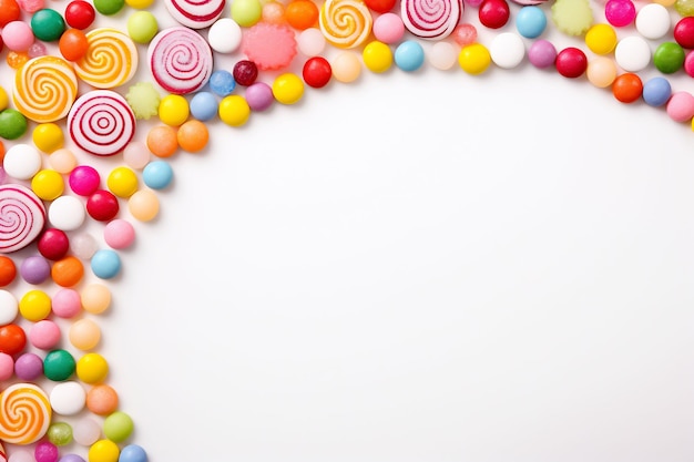 um círculo de doces é cercado por um fundo branco com um círculo de doces nele.