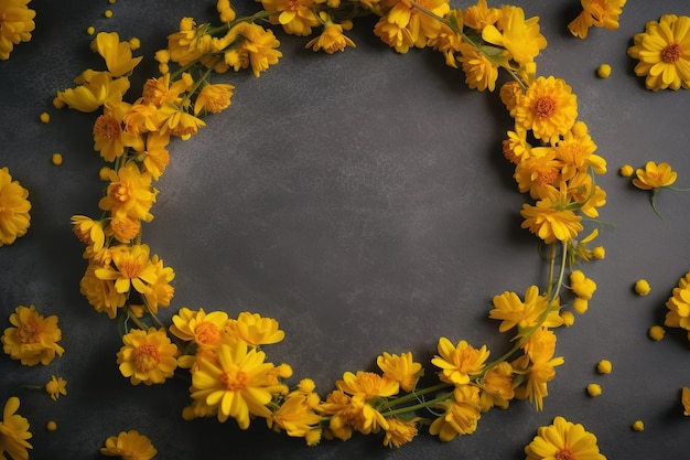 Um círculo de flores amarelas é mostrado em um fundo cinza.