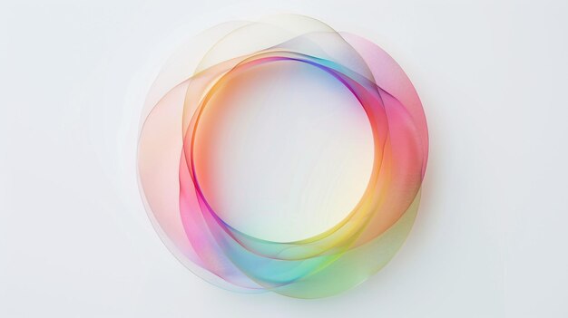 um círculo de linhas coloridas de arco-íris está em uma superfície branca
