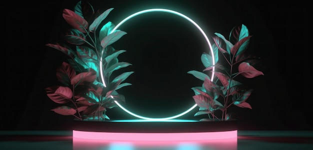 Um círculo de neon com uma planta no meio