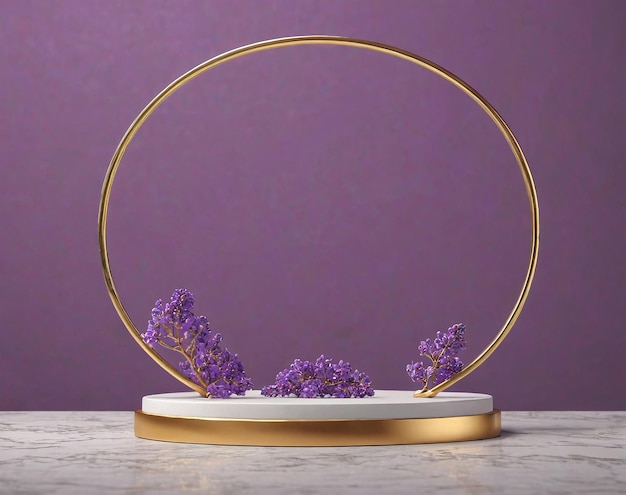 um círculo de ouro com flores roxas em uma mesa de mármore