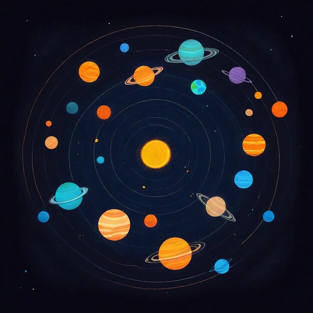 Um círculo de planetas com as palavras "planetas" citadas.