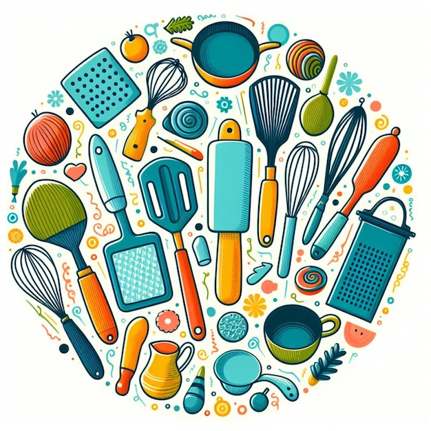 Foto um círculo de utensílios de cozinha com uma imagem de utensilios de cozinha