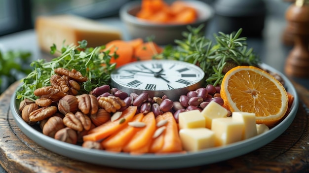 Um círculo de vegetais laranjas queijo nozes e um relógio Dieta e hora do almoço jejum intermitente conceito prato de alimentos saudáveis