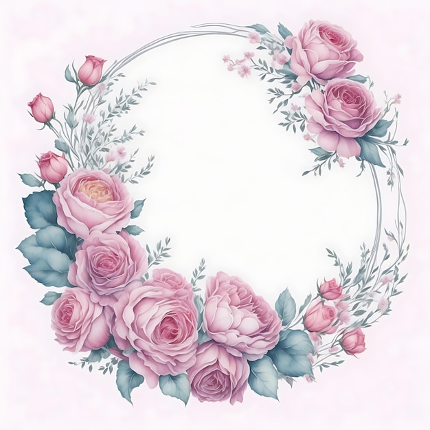 Um círculo rosa com rosas e folhas verdes