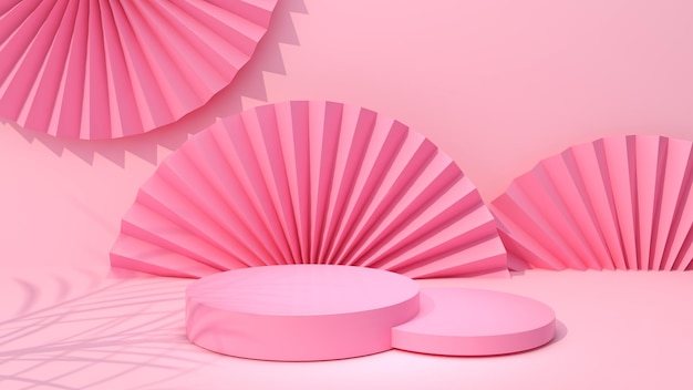 Um círculo rosa simulado para colocar uma amostra de produto Em um fundo em forma de leque rosa pastel renderização em 3D