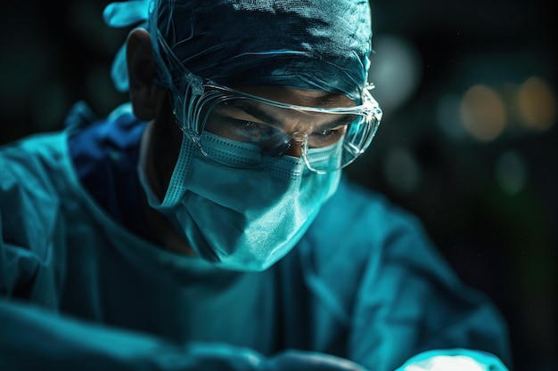 Um cirurgião experiente com roupas azuis e óculos de segurança se prepara atentamente para uma operação médica em uma sala de cirurgia bem equipada.