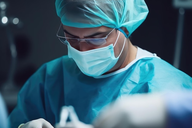 Foto um cirurgião realiza a operação cirúrgica num hospital moderno. os médicos estão a trabalhar para salvar