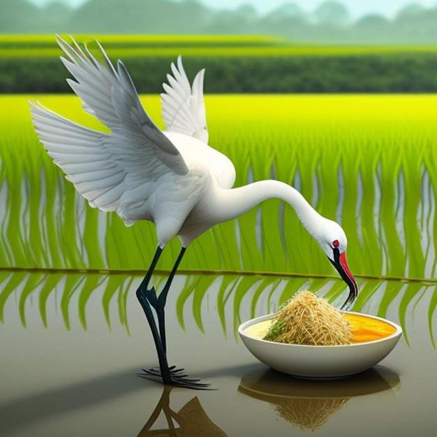 Um cisne branco está comendo comida de uma tigela de arroz.