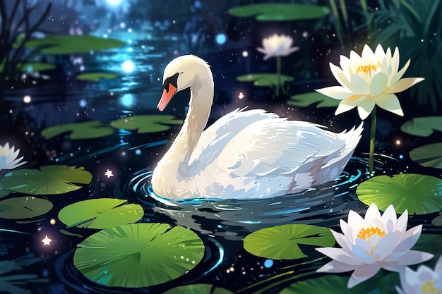 Um cisne branco nadando em uma lagoa com lírios de água