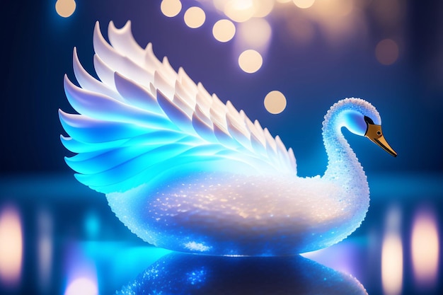 Um cisne com luzes azuis nele