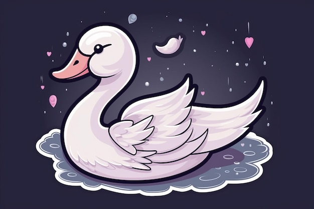 Um cisne de desenho animado em uma nuvem com corações na parte inferior.