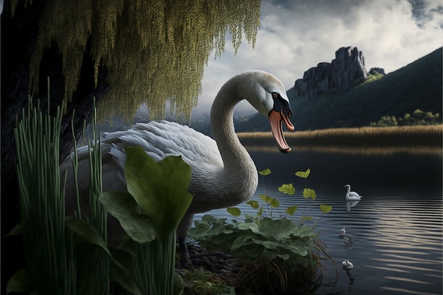 Um cisne e um cisne em um lago