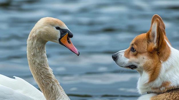 Um cisne e um corgi estão a ter um concurso de olhar o cisne está à esquerda e o corgi está à direita