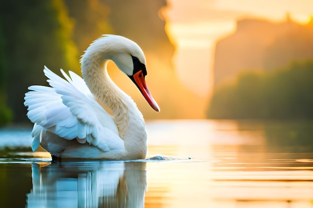 Um cisne em um lago com um fundo pôr do sol