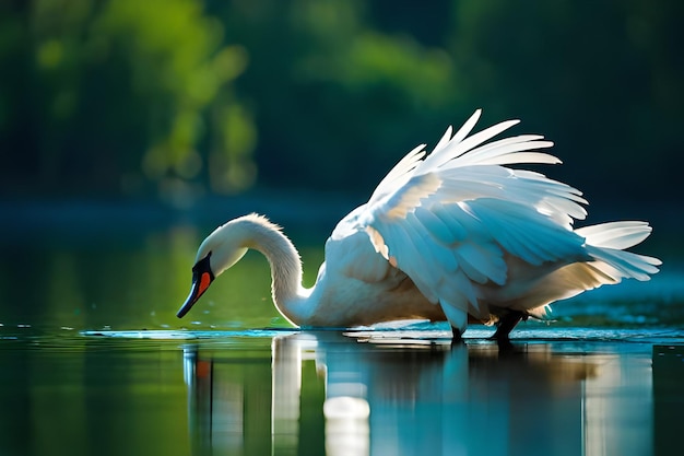 Um cisne está nadando em um lago com as asas abertas.