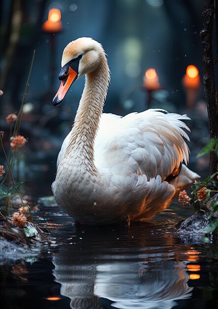 um cisne está sentado na água com a palavra cisne nele