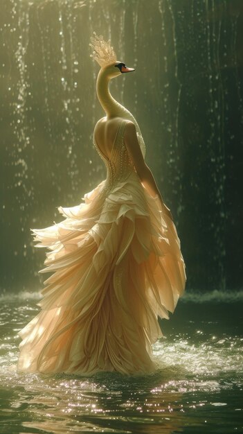 Um cisne gracioso vestindo uma tiara de pérolas envolta num vestido de chiffon.