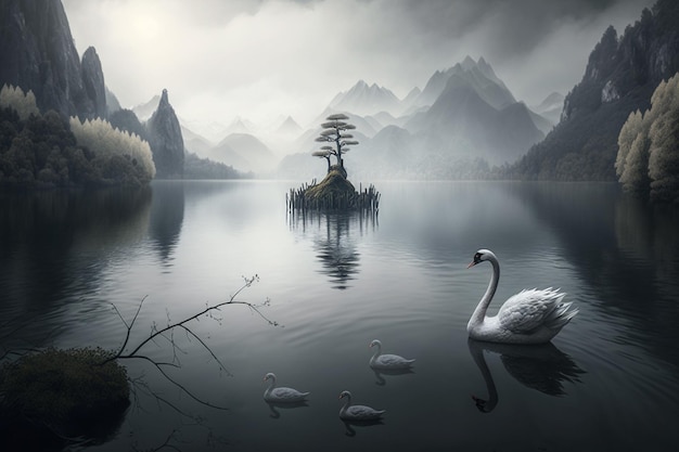 Um cisne majestoso e seus três cisnes em um lago chinês com uma ilha serena