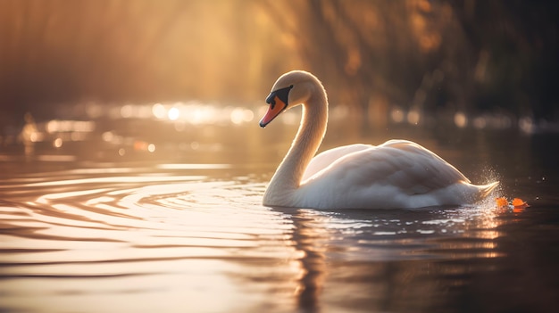 Um cisne nadando em um lago com o sol brilhando sobre ele