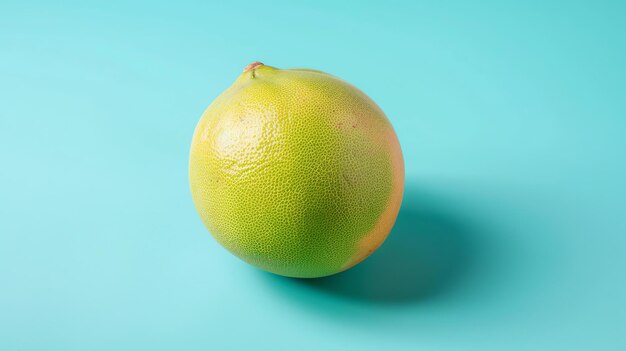 Um cítrico verde sobre um fundo azul O fruto é ligeiramente redondo e tem uma textura irregular