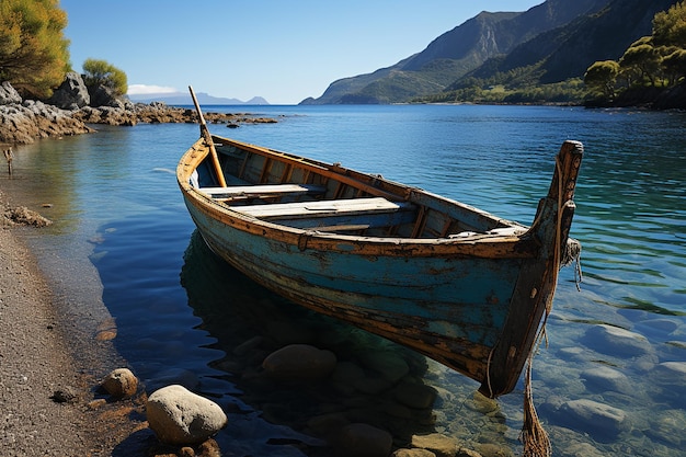 um clássico barco de pesca de madeira ancorado em uma baía tranquila gerada por IA