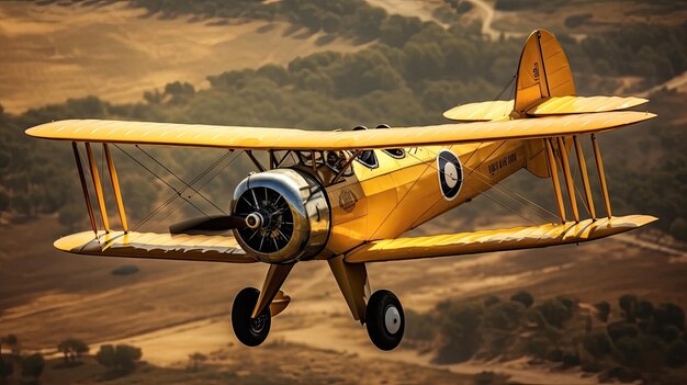 Foto um clássico biplano vintage voando majestosamente pelos céus exibição aérea de voo nostálgico aeronaves antigas elegância aérea aviação histórica gerada por ia