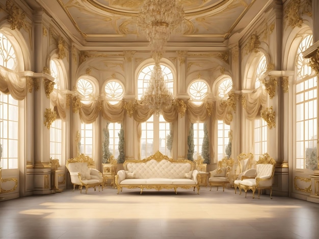 Um clássico e extravagante quarto de palácio em estilo europeu com decorações douradas em grande formato Editado à mão