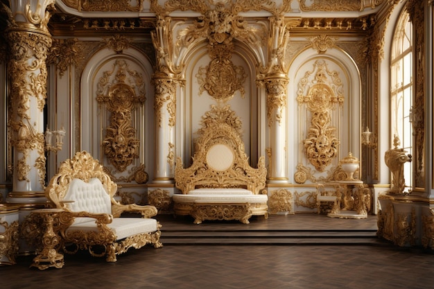 Um clássico quarto de palácio de estilo europeu extravagante com decorações douradas