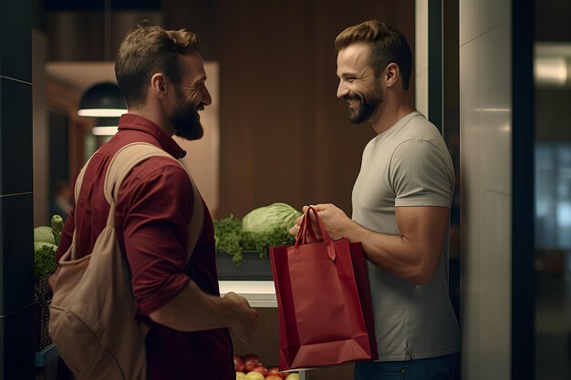 Foto um cliente masculino recebendo um saco de compras de vegetais