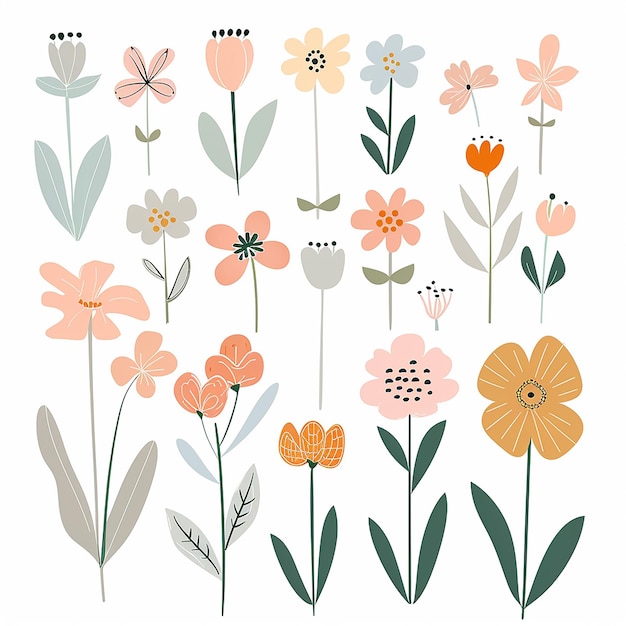 Um clipart vetorial de flores de primavera em cores pastel com formas simples em um fundo branco