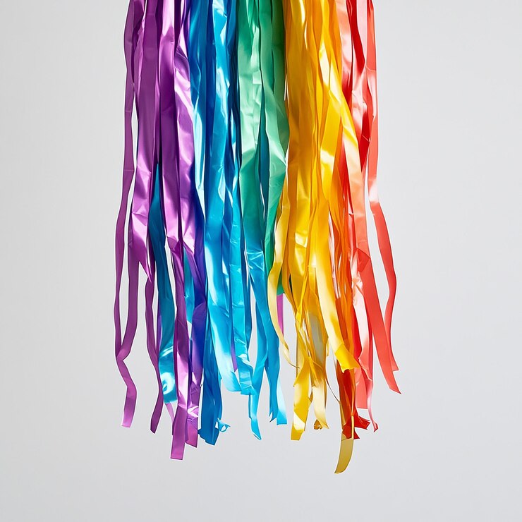 Foto um clipe de cabelo de cor arco-íris é mostrado com um fundo branco