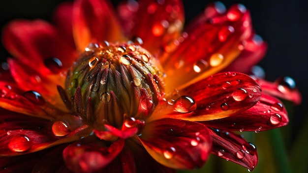 Um close cativante de uma flor de verão com gotas de orvalho brilhantes destacando a intrincada beleza da natureza