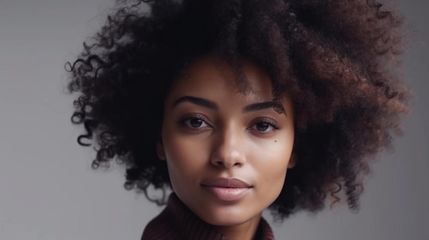 Um close da linda mulher afro-americana com cabelo natural olhando para a câmera