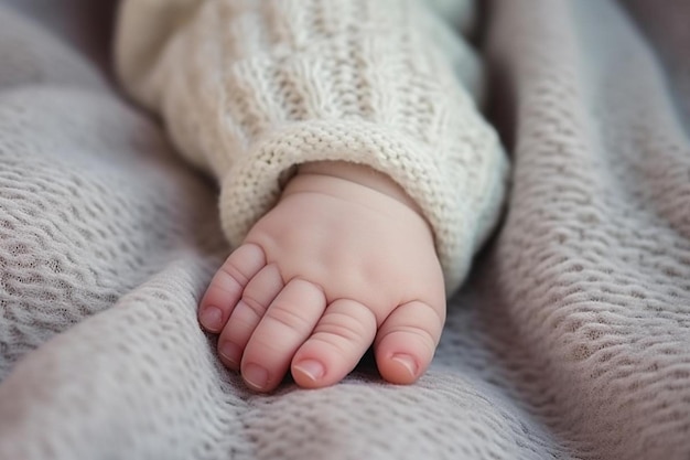 um close da mão de um bebê em um cobertor