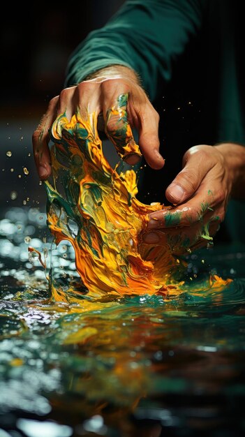 Um close da mão do pintor enquanto ele aplica tinta na tela Criado com IA generativa
