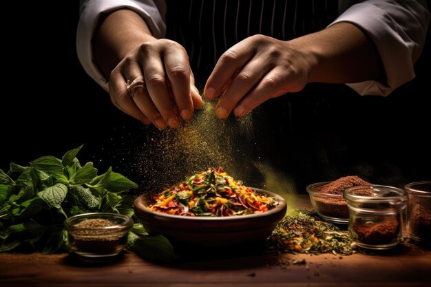 Um close das mãos de um chef temperando um prato com ervas e especiarias